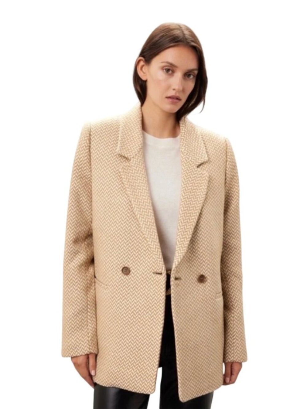 ANINE BING Tweed Double Breasted Fishbone Herringbone Blazer ~ Tan & Cream S